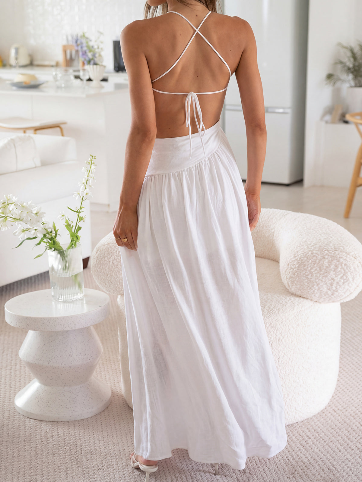 Asymmetrical Cutout Tie Back Ruched Resort High Slit Midi Sundress