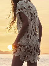 Asymmetrical Floral Crochet Knit Beach Cover Up Mini Dress
