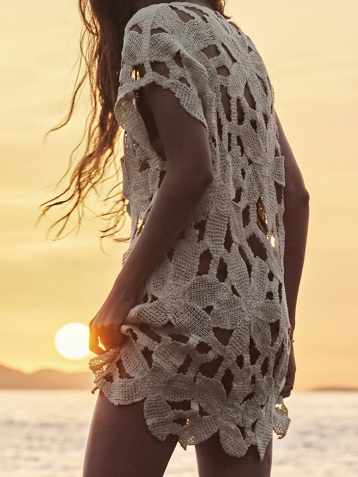 Asymmetrical Floral Crochet Knit Beach Cover Up Mini Dress