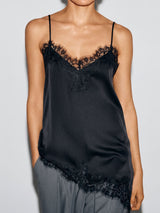 Asymmetrical Lace Trim V Neck Spaghetti Strap Resort Cami Satin Top