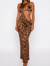 Asymmetrical Leopard Cover Up Halter Tie Side Three Piece Bikini Set