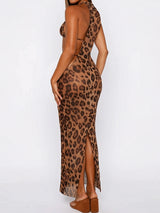 Asymmetrical Leopard Cover Up Halter Tie Side Three Piece Bikini Set