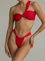 Asymmetrical One Shoulder Ruched High Cut Two Piece Bikini Set