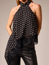 Asymmetrical Scalloped Lace Resort High Neck Polka Dot Satin Top