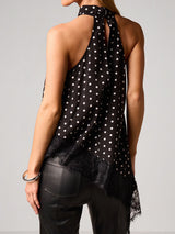 Asymmetrical Scalloped Lace Resort High Neck Polka Dot Satin Top