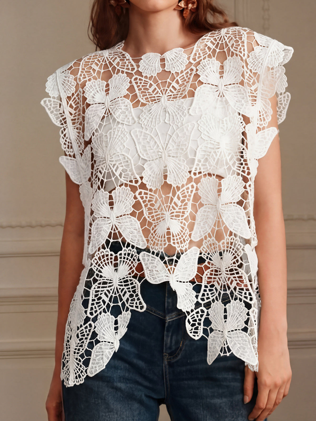 Asymmetrical Sleeveless Beach Butterfly Crochet Knit Cover Up