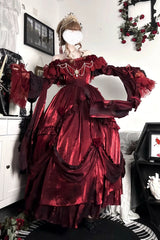 Red Tana Manor Rose Flower Long Sleeves Ruffle Bowknot Elegant Gothic Princess Lolita Strapless Dress