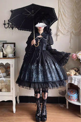 Black Sleeveless Church of Silent Night Print Ruffle Gothic Lolita Jsk Dress