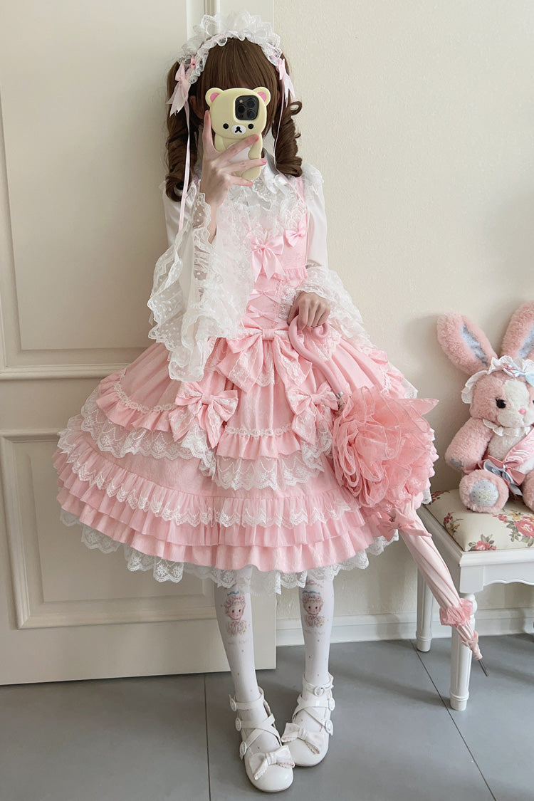 Pink Multi-Layered Ruffle Bowknot Stitching Lace Sweet Lolita Jsk Dress