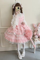 Pink Multi-Layered Ruffle Bowknot Stitching Lace Sweet Lolita Jsk Dress
