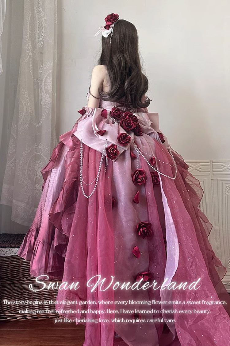 Plum Red [Swan Wonderland] Embroidery Bowknot Lace-Up Short Front Long Back Irregular Sweet Ballet Lolita Jsk Dress