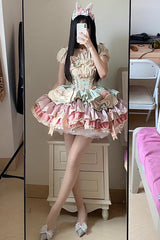 [Ribbon Dance] Multi-Layered Ruffle Bowknot Lace-Up Sweet Princess Lolita Dress 3 Colors