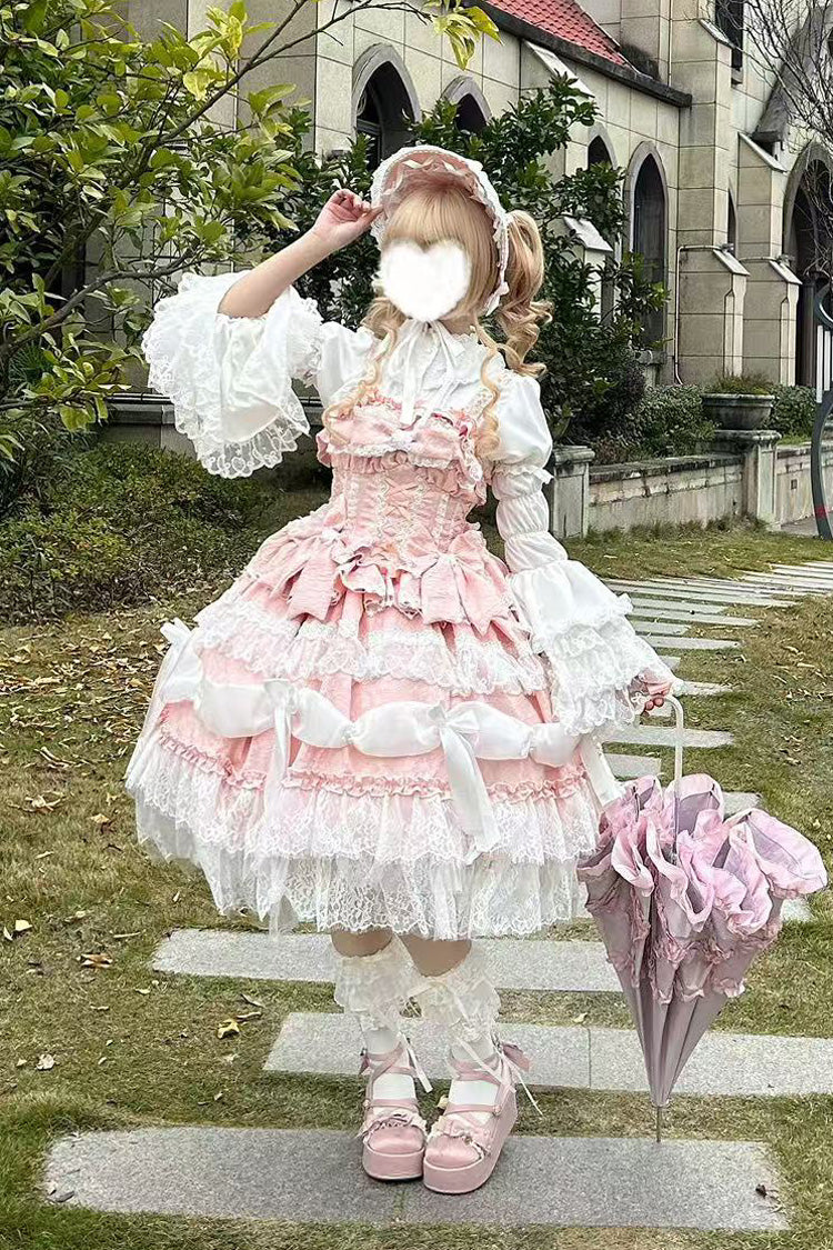 Pink Sleeveless Multi-Layered Ruffle Bowknot Lace Sweet Plus Size Lolita Jsk Dress