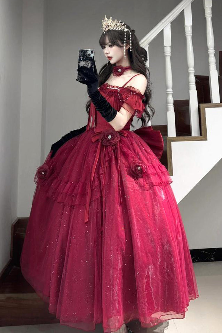 Red [Bright Stars] Off Shoulder Ruffle Bowknot Asymmetric Sweet Elegant Princess Lolita Dress