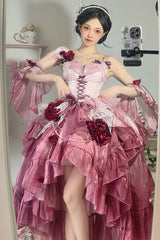 Plum Red [Swan Wonderland] Embroidery Bowknot Lace-Up Short Front Long Back Irregular Sweet Ballet Lolita Jsk Dress