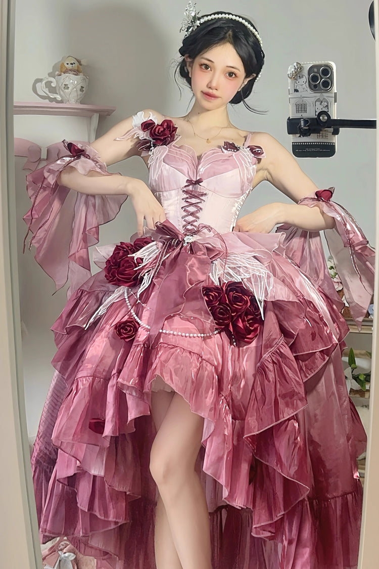 Plum Red [Swan Wonderland] Embroidery Bowknot Lace-Up Short Front Long Back Irregular Sweet Ballet Lolita Jsk Dress