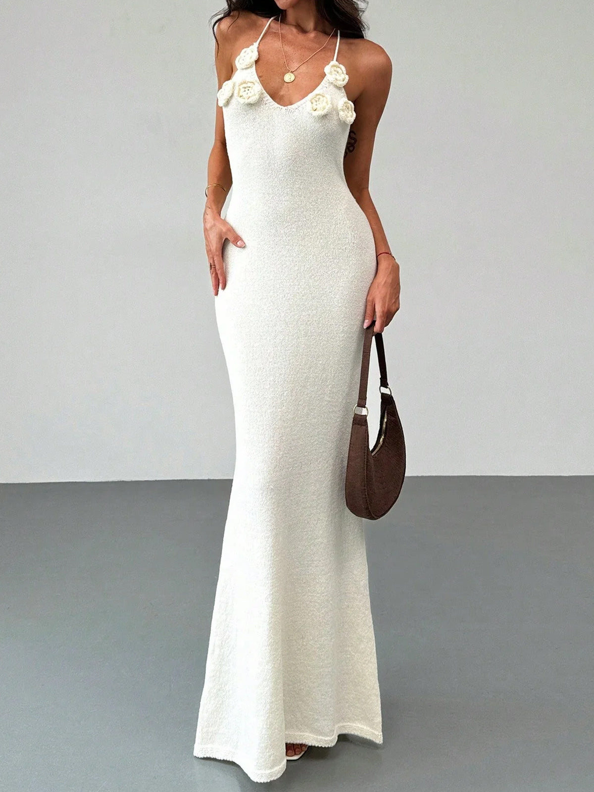 Bloom 3D Flower Deep V Halter Backless Resort Fishtail Knit Maxi Dress