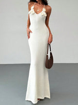 Bloom 3D Flower Deep V Halter Backless Resort Fishtail Knit Maxi Dress