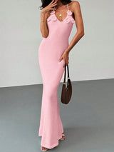 Bloom 3D Flower Deep V Halter Backless Resort Fishtail Knit Maxi Dress