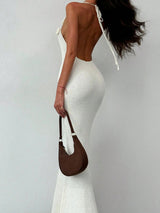 Bloom 3D Flower Deep V Halter Backless Resort Fishtail Knit Maxi Dress