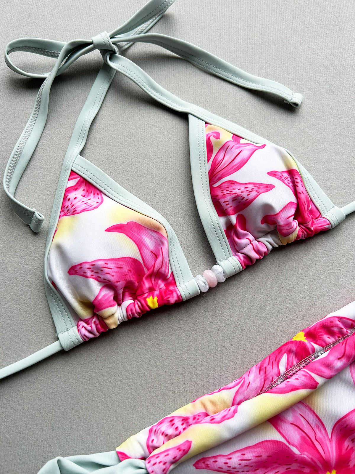 Bloom Floral Print High Cut Cheeky Beaded Halter Two Piece Bikini Set