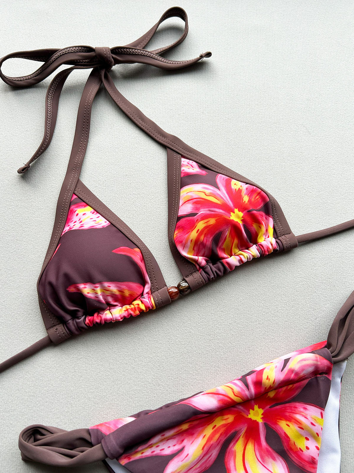 Bloom Floral Print High Cut Cheeky Beaded Halter Two Piece Bikini Set