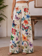Boho Butterfly Floral Print High Waist Wide Leg Resort Palazzo Pants