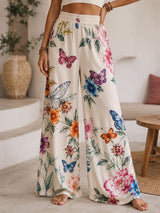 Boho Butterfly Floral Print High Waist Wide Leg Resort Palazzo Pants