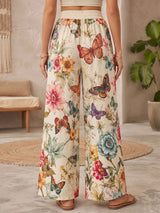 Boho Butterfly Floral Print High Waist Wide Leg Resort Palazzo Pants