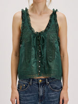 Boho Chic Ruffled Tie Front Button Up Resort Lace Trim Crop Tank Top
