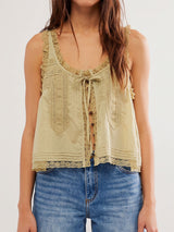 Boho Chic Ruffled Tie Front Button Up Resort Lace Trim Crop Tank Top