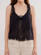 Boho Chic Ruffled Tie Front Button Up Resort Lace Trim Crop Tank Top