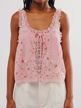 Boho Chic Ruffled Tie Front Button Up Resort Lace Trim Crop Tank Top
