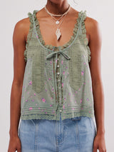 Boho Chic Ruffled Tie Front Button Up Resort Lace Trim Crop Tank Top