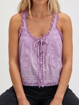 Boho Chic Ruffled Tie Front Button Up Resort Lace Trim Crop Tank Top
