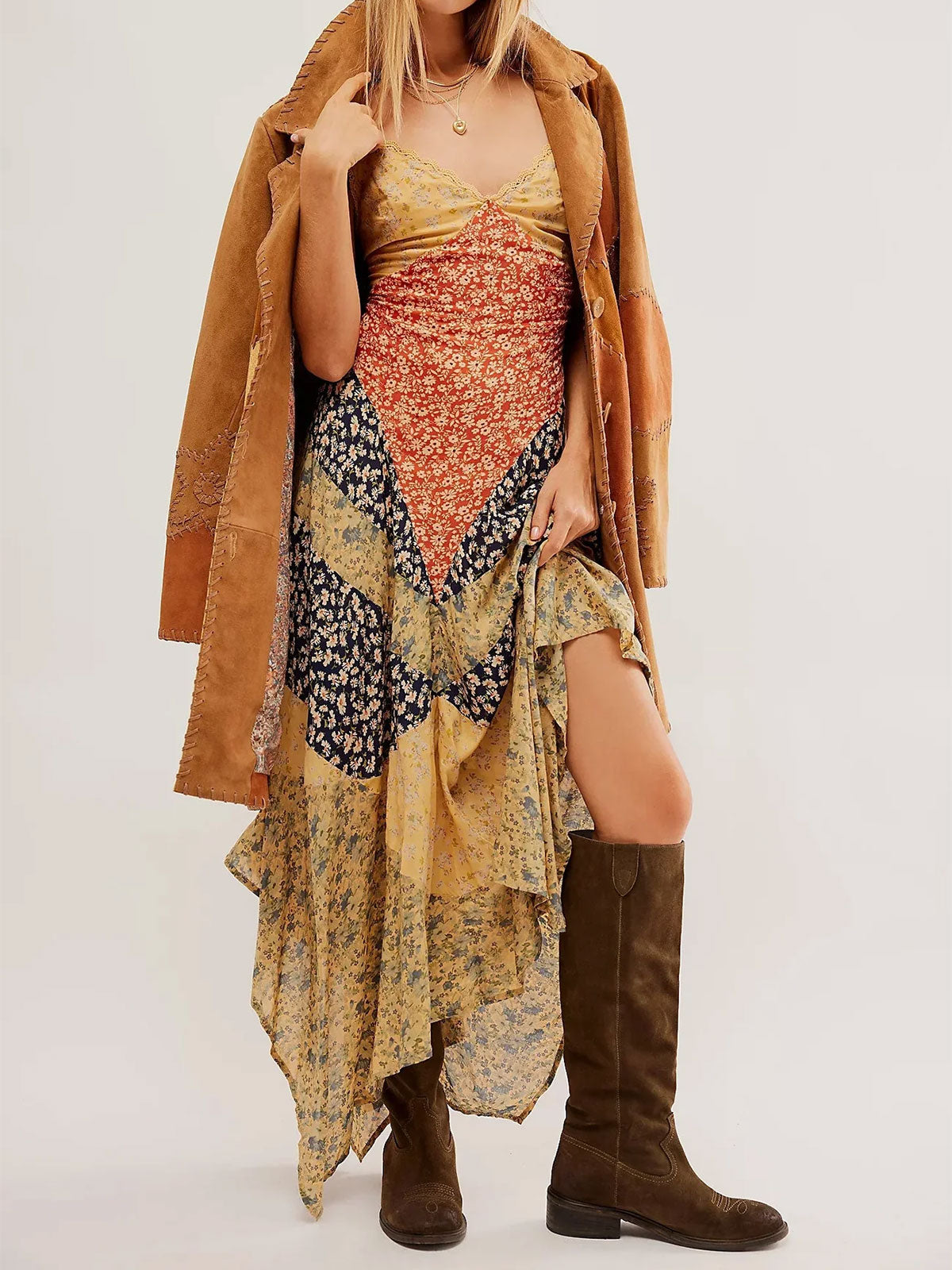 Boho Chic V Neck Tie Back Resort Floral Patchwork Slip Maxi Dress