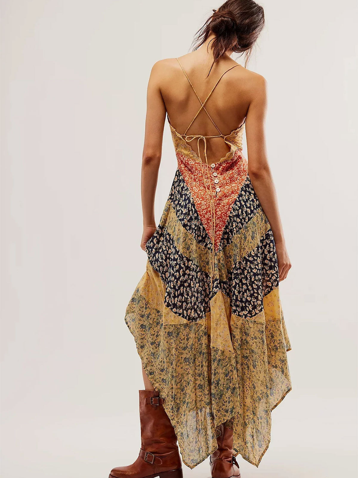 Boho Chic V Neck Tie Back Resort Floral Patchwork Slip Maxi Dress