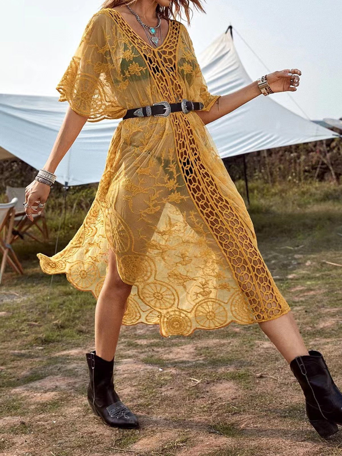 Boho Crochet V Neck Cape Sleeve Embroidered Lace Beach Midi Cover Up