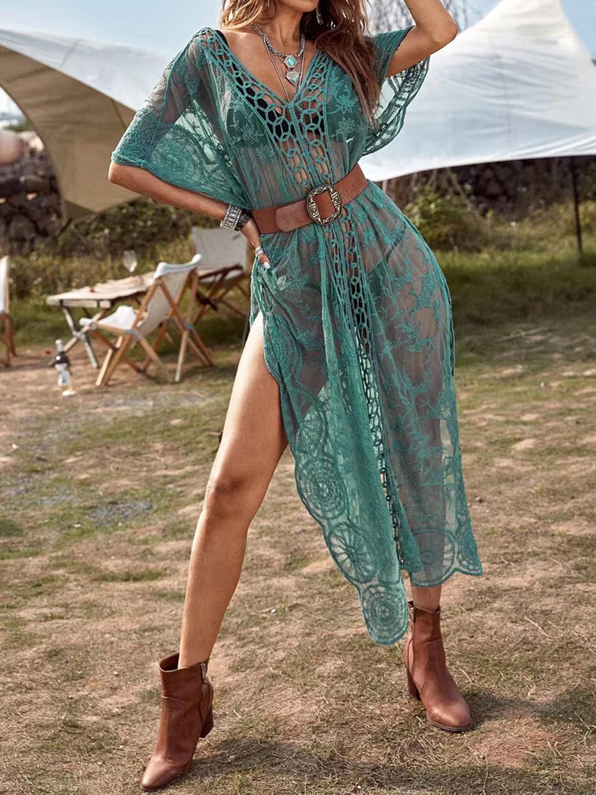 Boho Crochet V Neck Cape Sleeve Embroidered Lace Beach Midi Cover Up