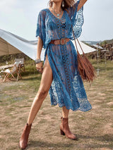 Boho Crochet V Neck Cape Sleeve Embroidered Lace Beach Midi Cover Up