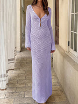 Boho Deep V Long Sleeve Beach Crochet Knit Cover Up Maxi Dress