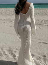Boho Deep V Long Sleeve Beach Crochet Knit Cover Up Maxi Dress