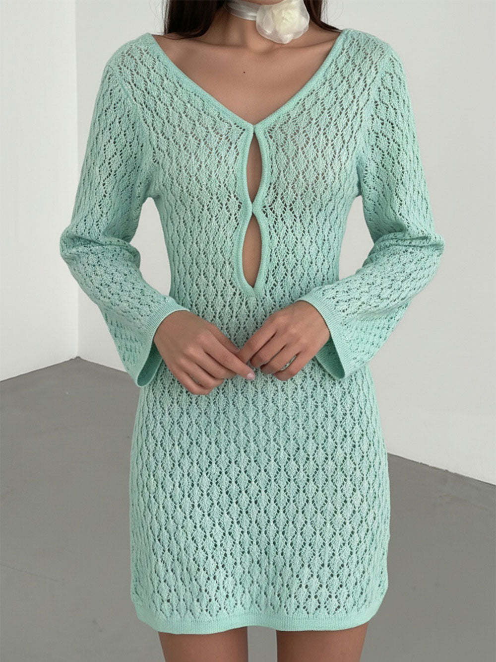 Boho Deep V Long Sleeve Beach Crochet Knit Cover Up Mini Dress