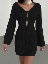 Boho Deep V Long Sleeve Beach Crochet Knit Cover Up Mini Dress