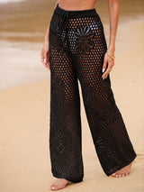 Boho Drawstring Wide Leg Resort Floral Crochet Knit Cover Up Pants