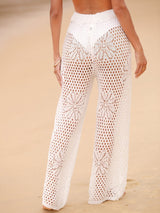 Boho Drawstring Wide Leg Resort Floral Crochet Knit Cover Up Pants