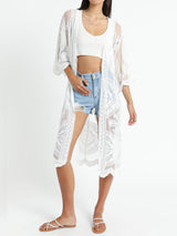 Boho Floral Embroidered Lace Kimono Sleeve Midi Beach Cover Up