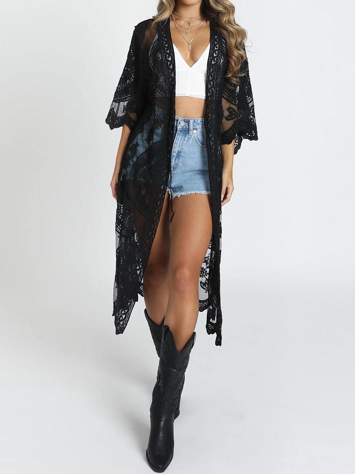 Boho Floral Embroidered Lace Kimono Sleeve Midi Beach Cover Up