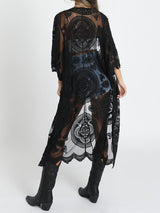 Boho Floral Embroidered Lace Kimono Sleeve Midi Beach Cover Up