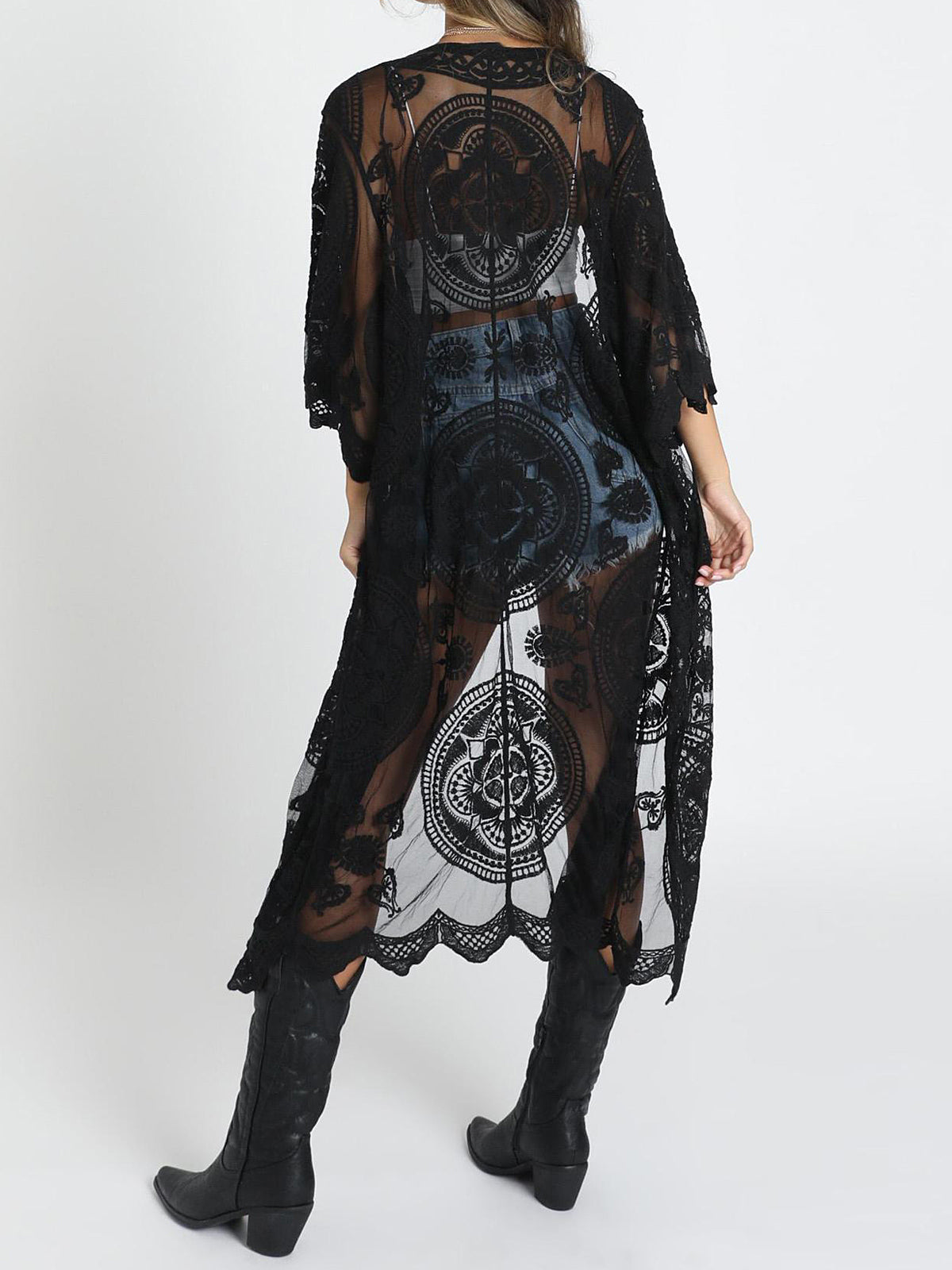 Boho Floral Embroidered Lace Kimono Sleeve Midi Beach Cover Up